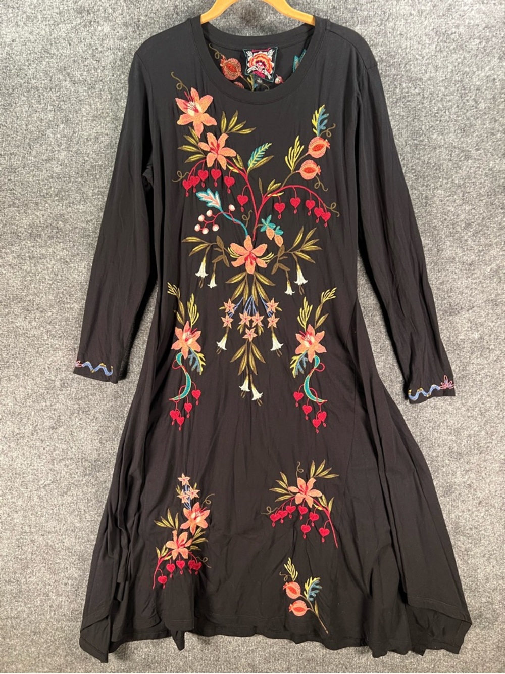 Johnny Was Amarylla Handkerchief Black Embroidered Floral Dress Size M